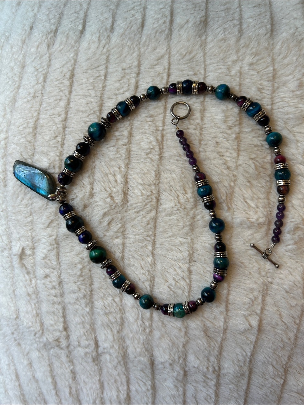 Handcrafted Teal and Purple Beaded Necklace with Stone Pendant